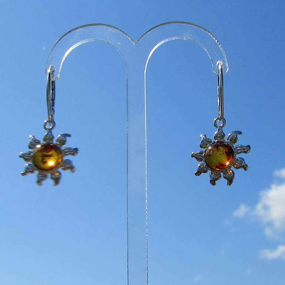 Silberner Ohrhänger Sonne mit goldgelbem Bernstein