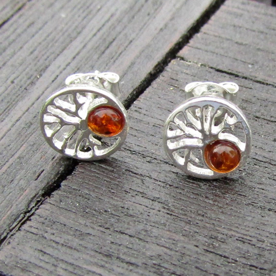 Ohrstecker Baum des Lebens mit kognacfarbenem Bernstein