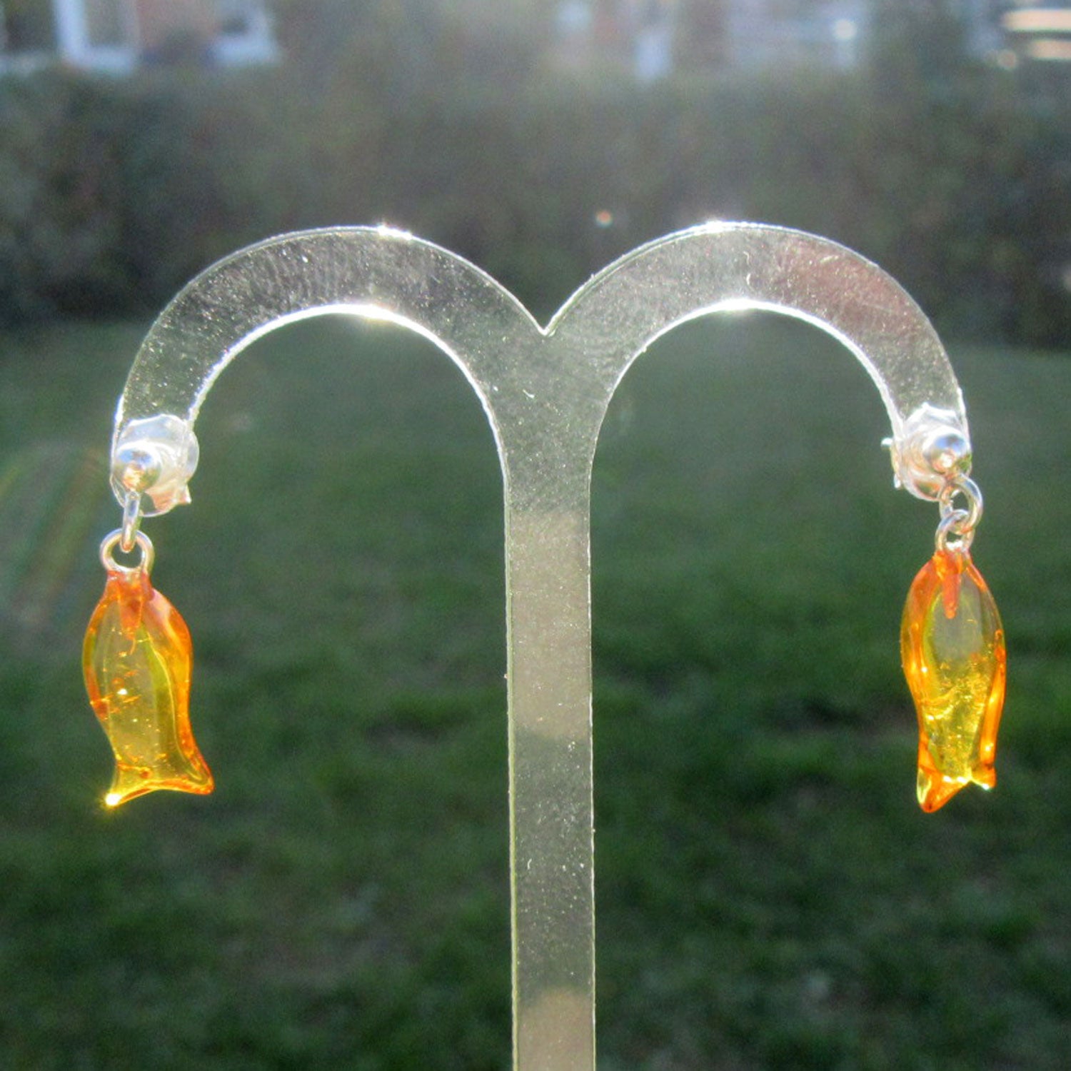 Ohrstecker aus Bernstein mit kleinen Fischen, Unikat