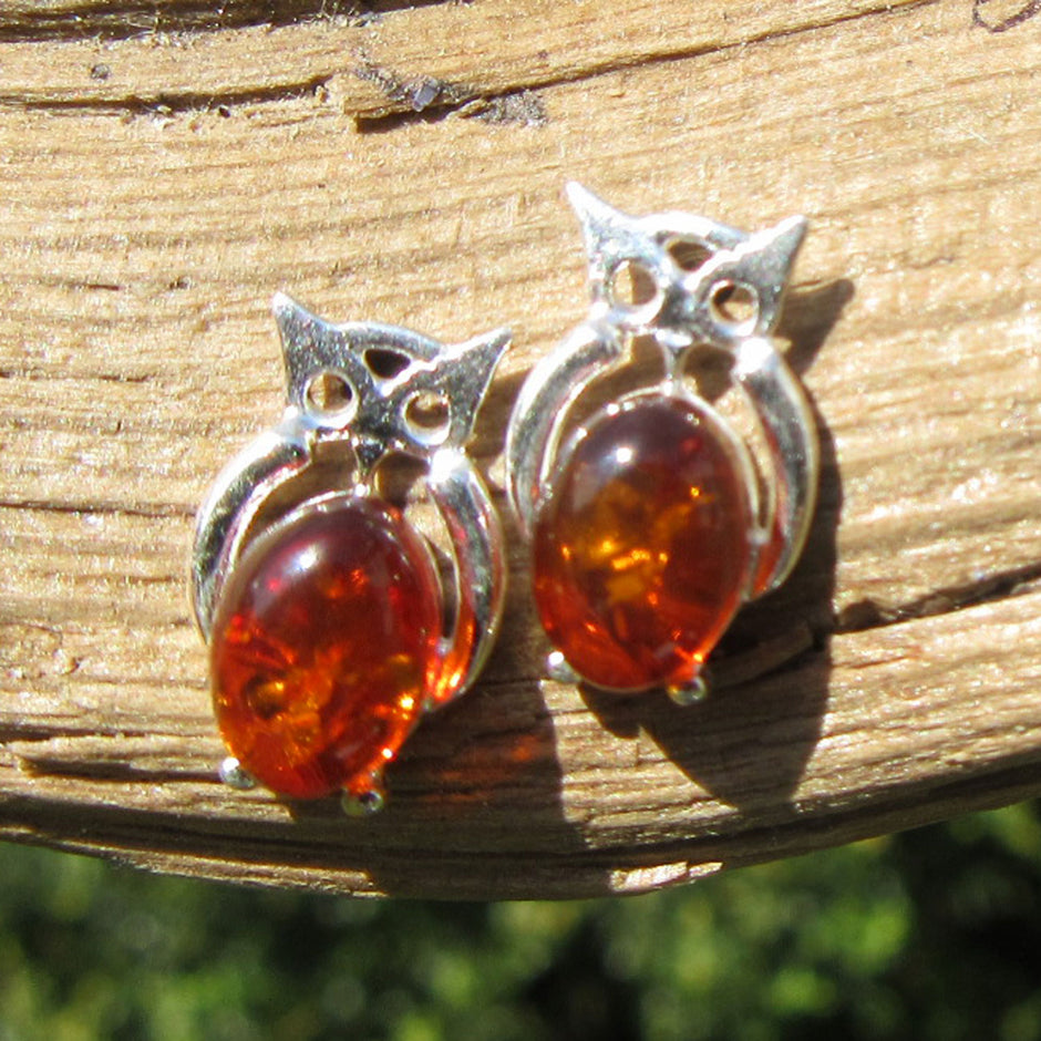 Kleine Ohrstecker als Eule aus Silber und Bernstein