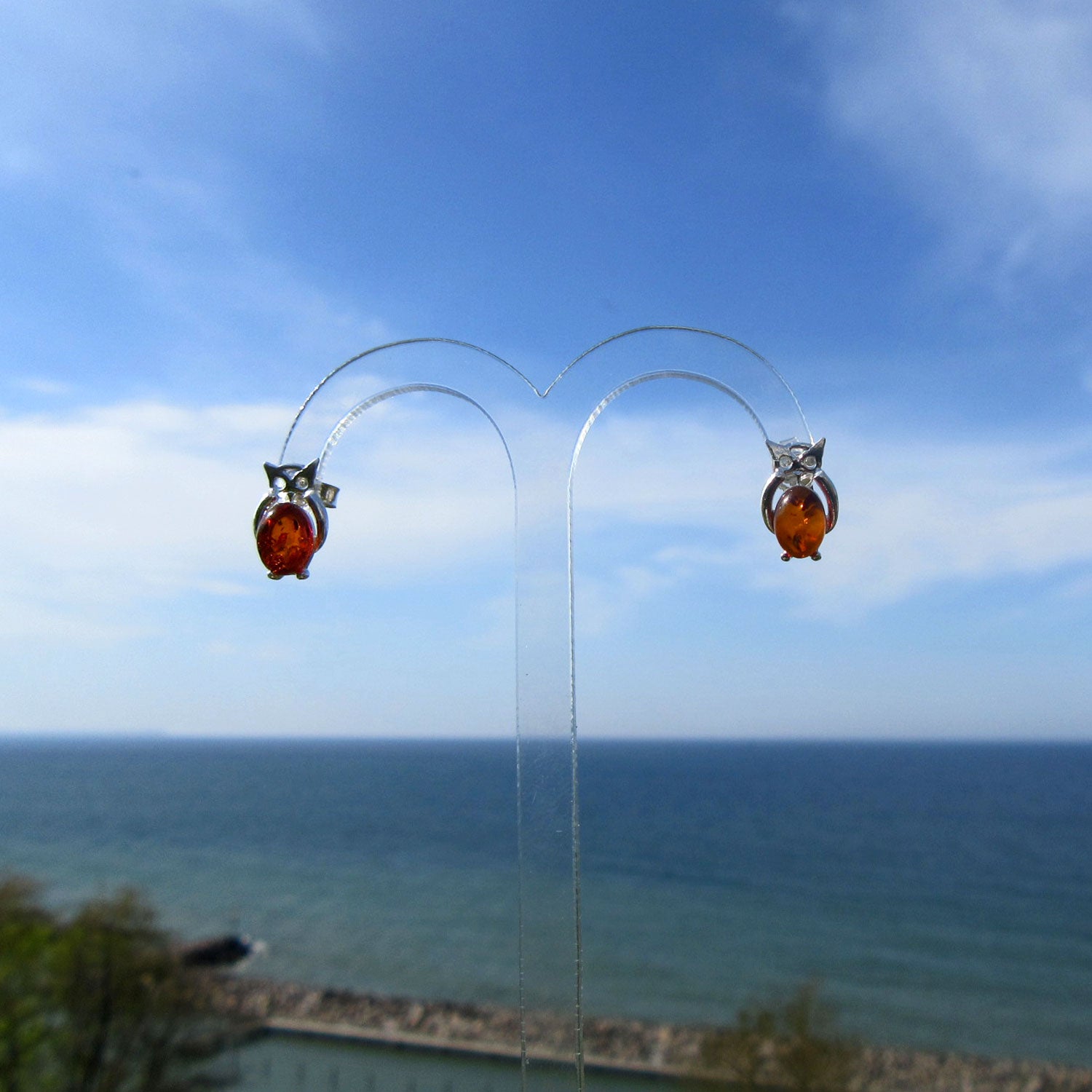 Kleine Ohrstecker als Eule aus Silber und Bernstein