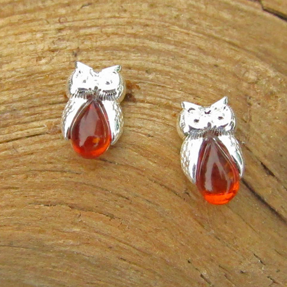 Kleine Ohrstecker Eule aus Bernstein und Silber 925