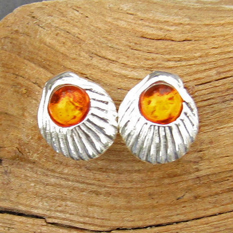 Ohrstecker Muschel mit kognacfarbenem Bernstein, Unikat