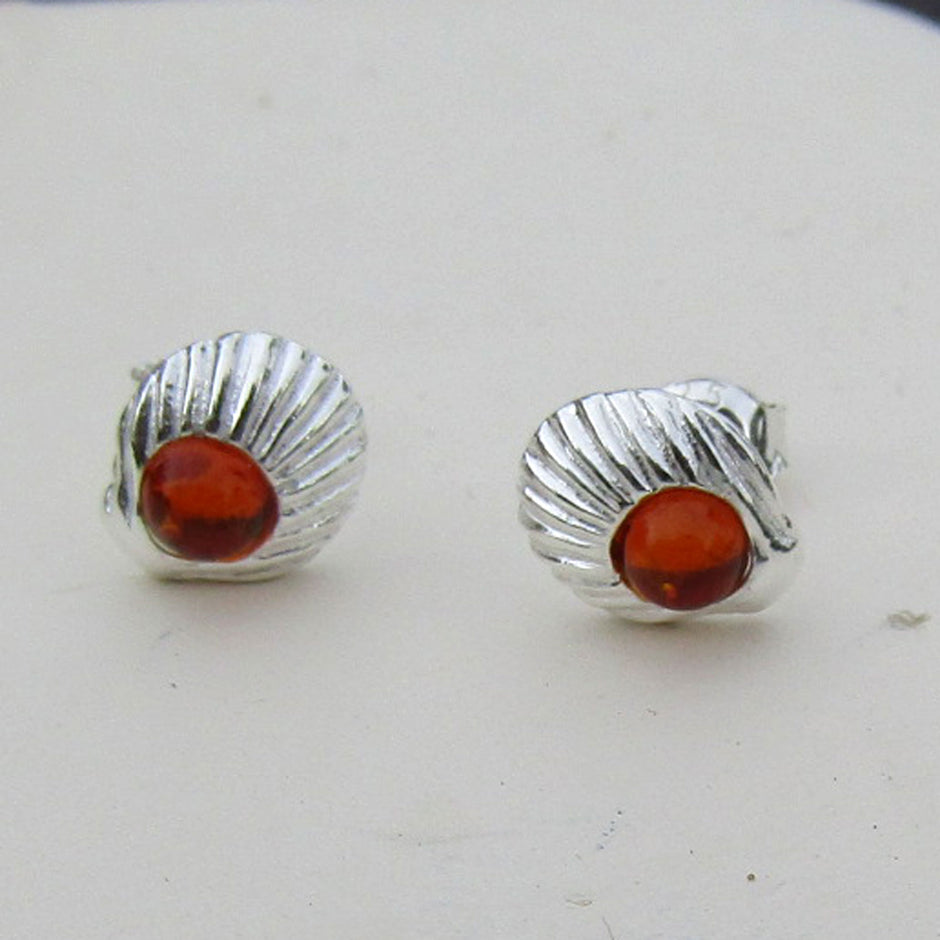 Ohrstecker Muschel mit kognacfarbenem Bernstein, Unikat