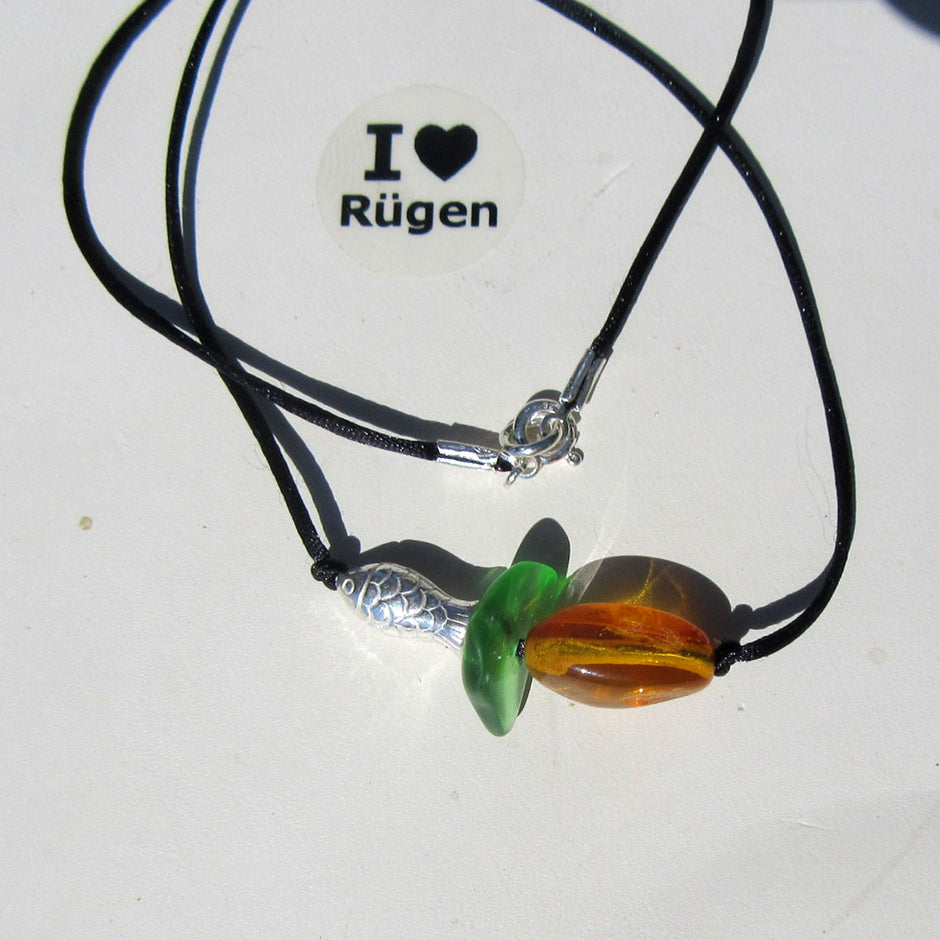 Schicke Kette aus Bernstein und Seeglas, Unikat