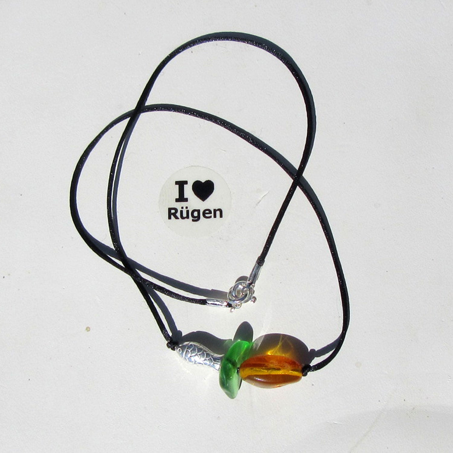 Schicke Kette aus Bernstein und Seeglas, Unikat