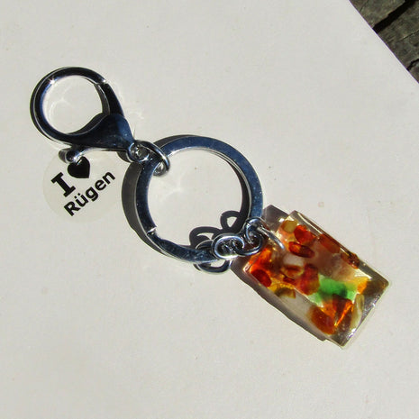 Schlüsselanhänger mit kleinen Bernsteinen, Fossilien und Seeglas