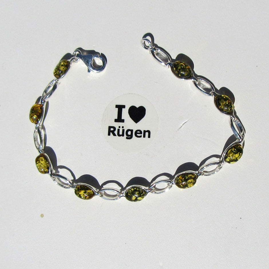 Silberarmband mit grünem und buntem Bernstein, Unikat